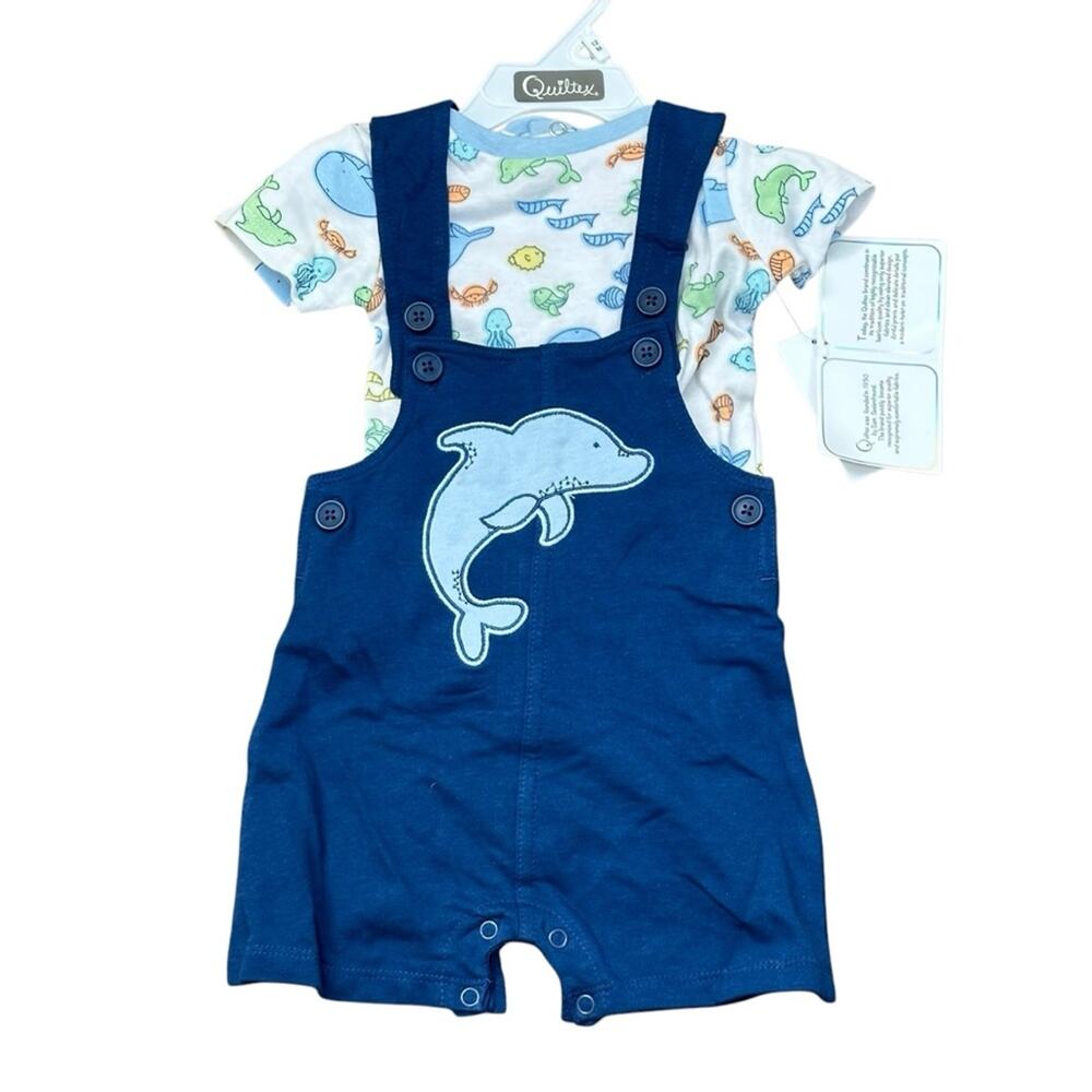 Quiltex Boys Jumper Shorts Overall 2 PC Set Dolphin 12M Blue NWT
